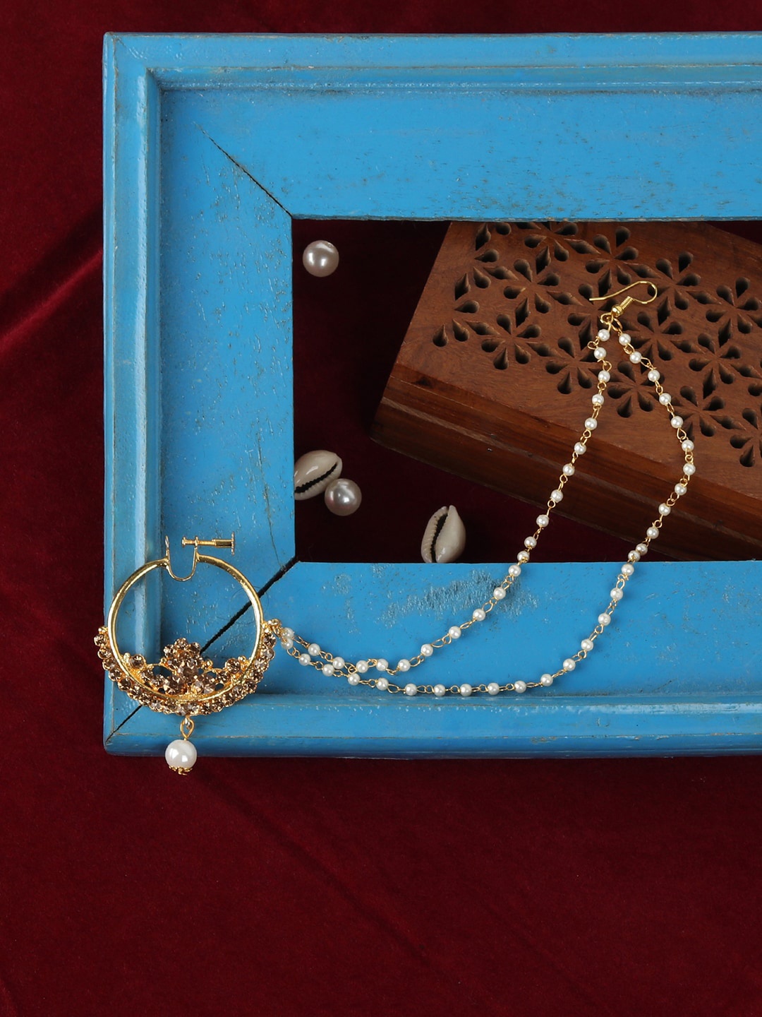 

ANIKAS CREATION Gold-Plated Zircon Stone Studded Nose Ring with Chain