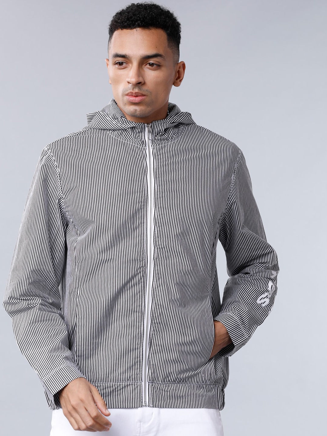 

LOCOMOTIVE Men Black Striped Sporty Jacket