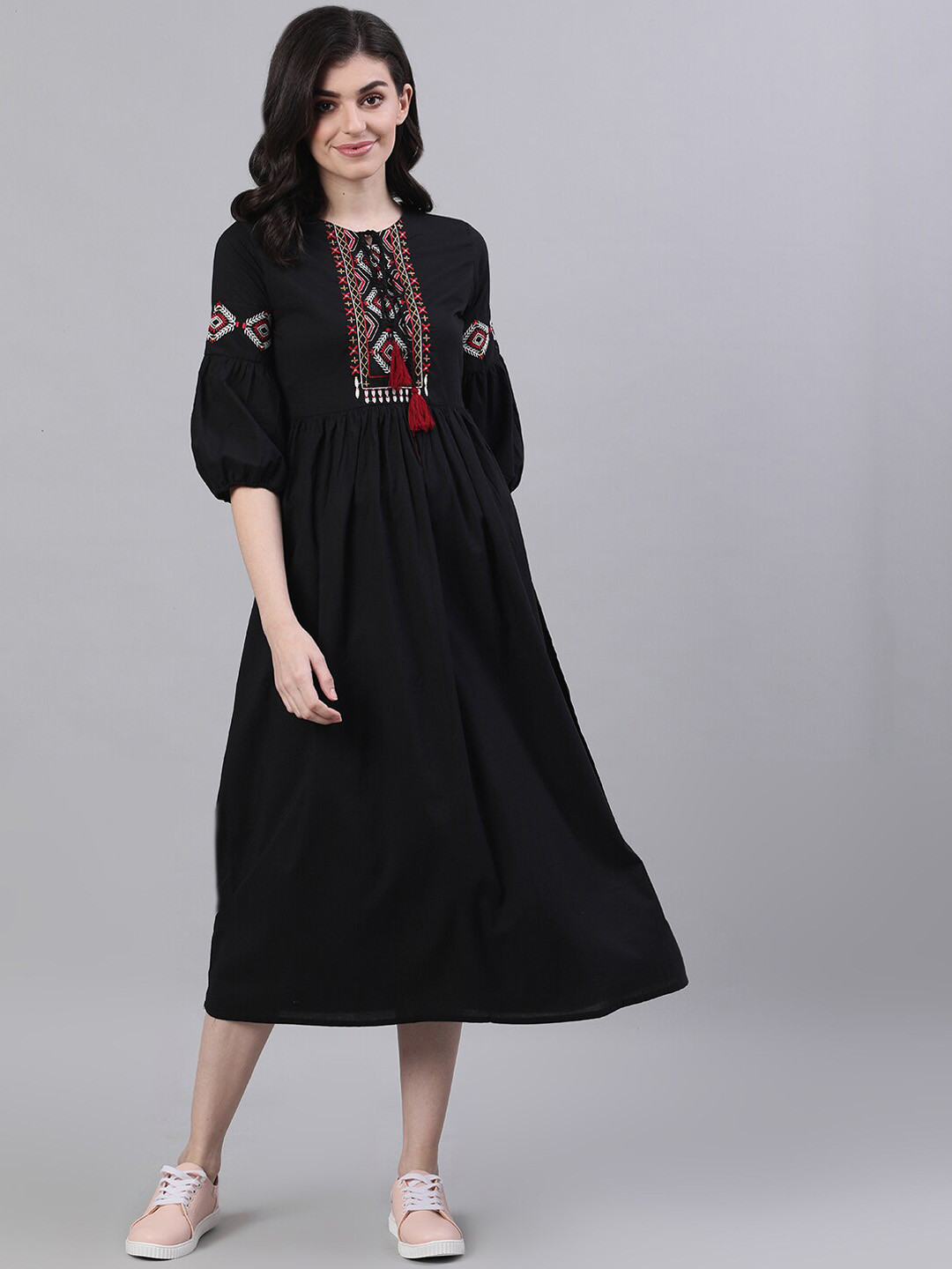 

AASI - HOUSE OF NAYO Black Ethnic Motifs Embroidered Cotton A-Line Ethnic Dress