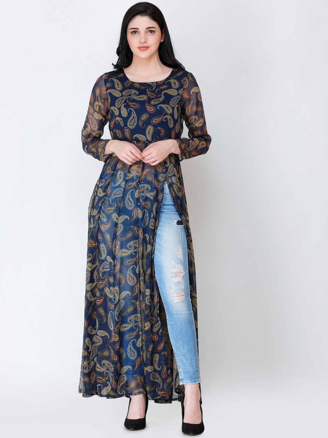 

SCORPIUS Women Navy Blue Printed Longline Top