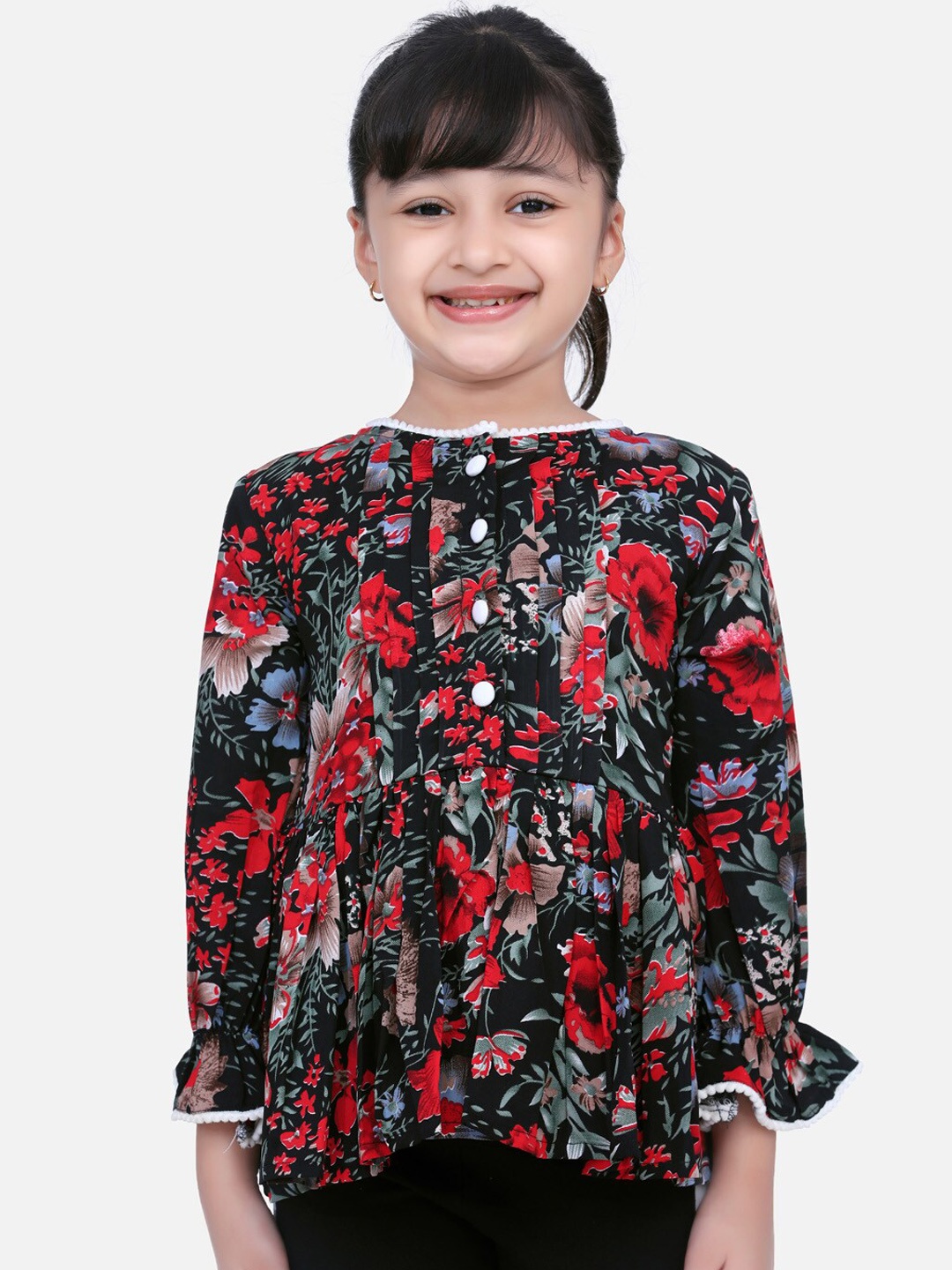 

Cutiekins Girls Black & Red Floral Printed Empire Top