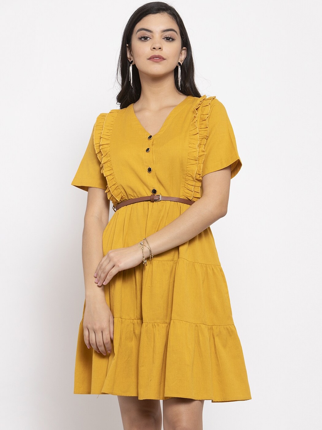 

KASSUALLY Women Mustard Yellow Solid Fit and Flare Dress