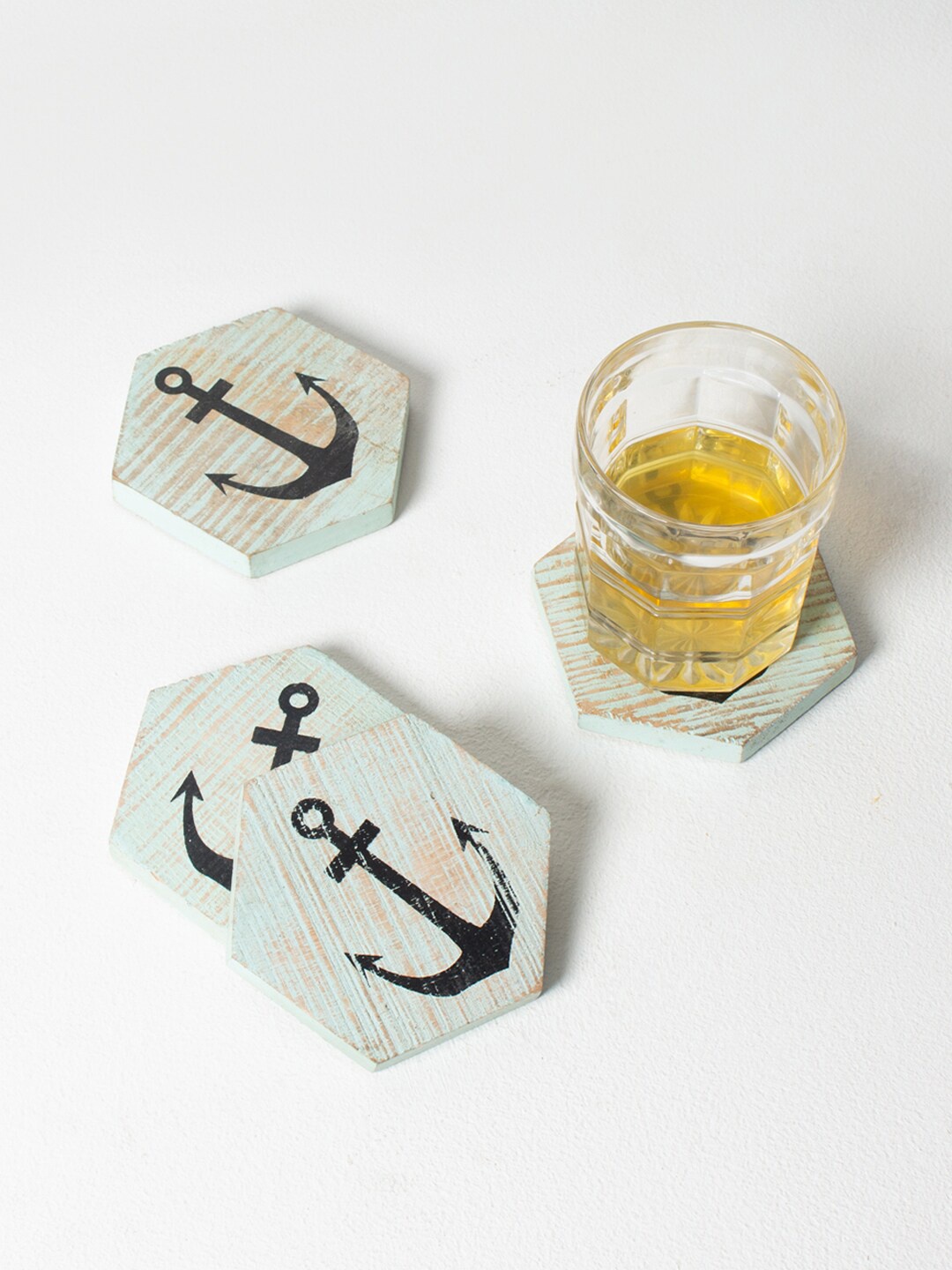 CASA DECOR Set of 4 Sea Green & Black Anchor Printed Wooden Coasters