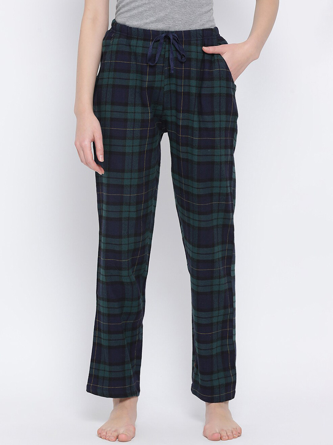 

Kanvin Women Navy Blue & Green Checked Twill Cotton Lounge Pants