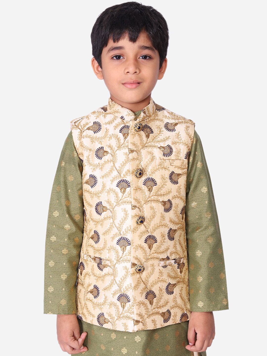 

NAMASKAR Boys Beige & Blue Woven-Design Nehru Jacket