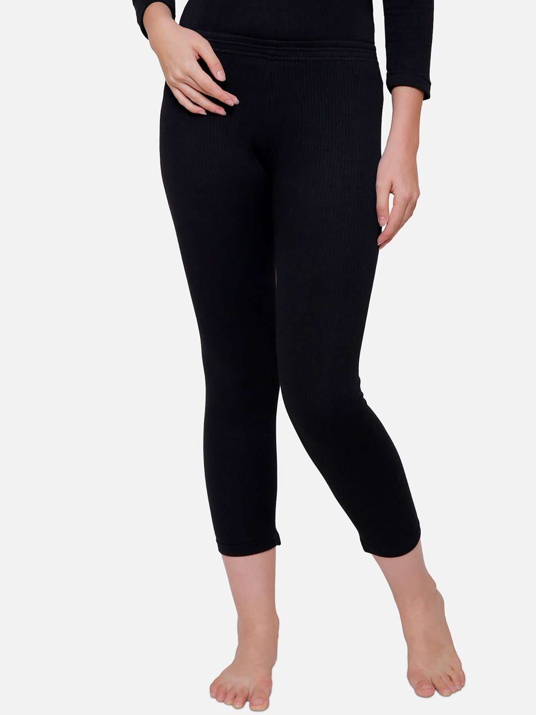 

BODYCARE INSIDER Women Black Ribbed Skin-Fit Thermal Bottoms