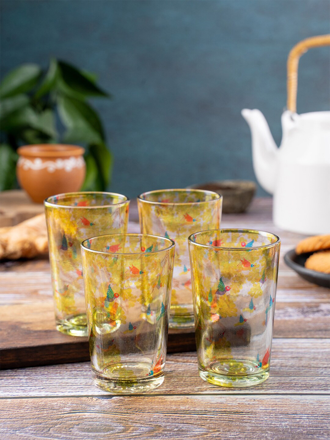 

KOLOROBIA Set Of 4 Green & Blue Gond Art Inspired Chai Glasses-200ML