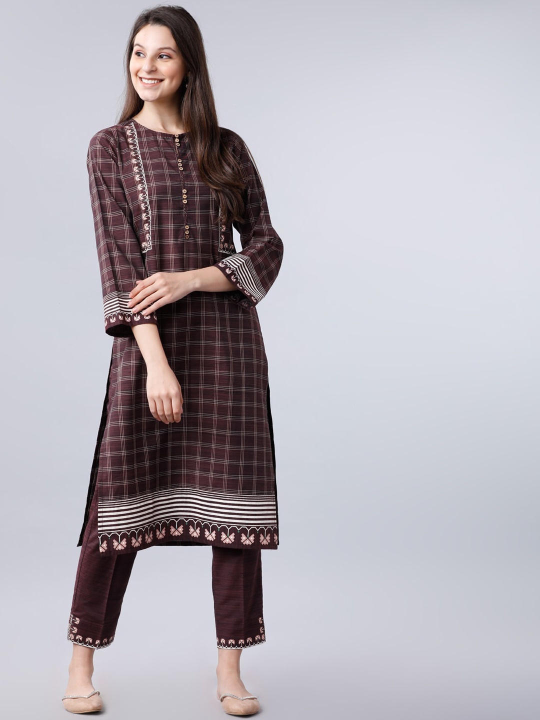 

Vishudh Women Burgundy & White Printed Kurta with Trousers