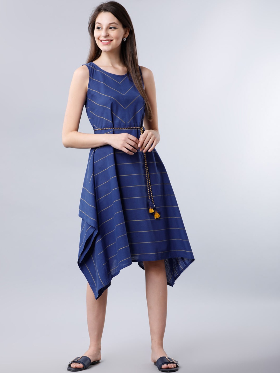 

Vishudh Women Blue Striped Fit and Flare Dress