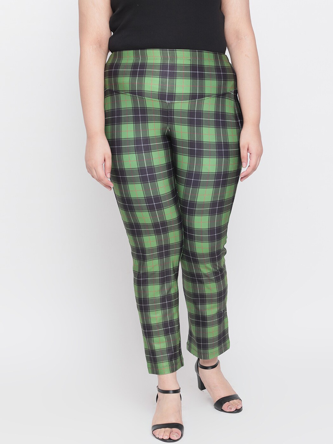 

Amydus Women Plus Size Green & Navy Checked Tummy Shaper Treggings