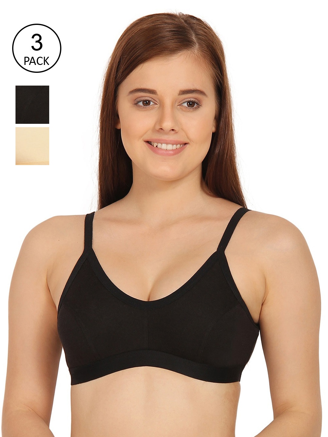 

Innocence Pack of 3 Solid Non-Padded Non-Wired Workout Bra BBAPLIN90259, Black