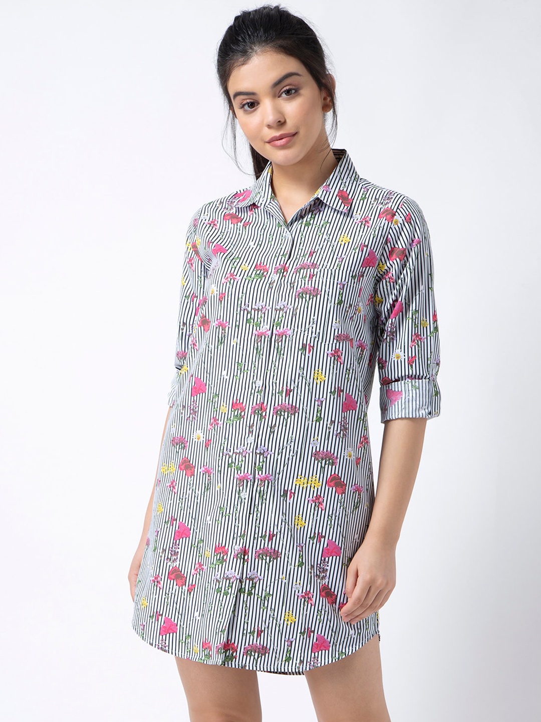 

ADORENITE Women White & Pink Pure Cotton Floral Print Sleep Shirt