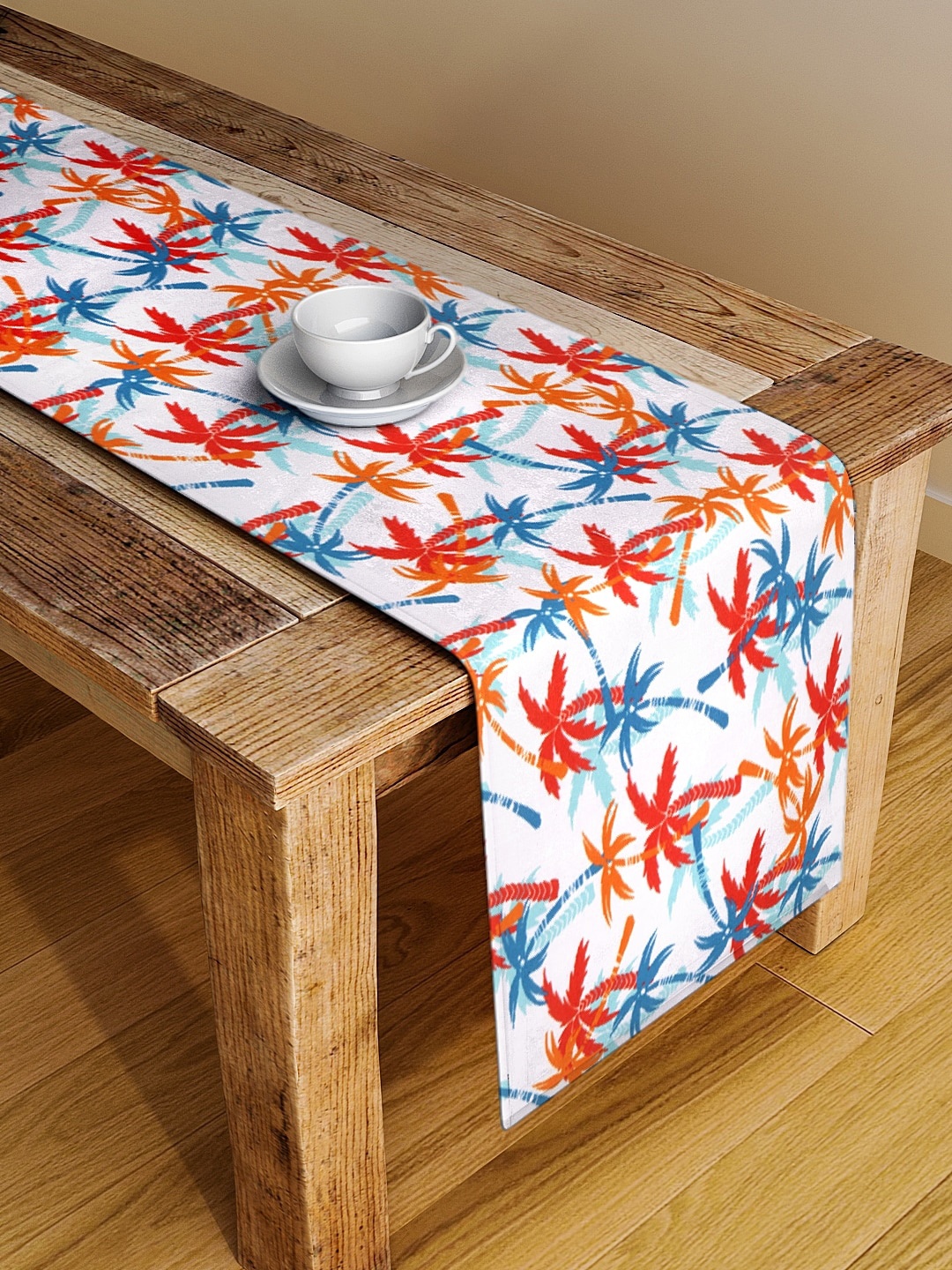Alina decor White & Orange Floral Printed Table Runner