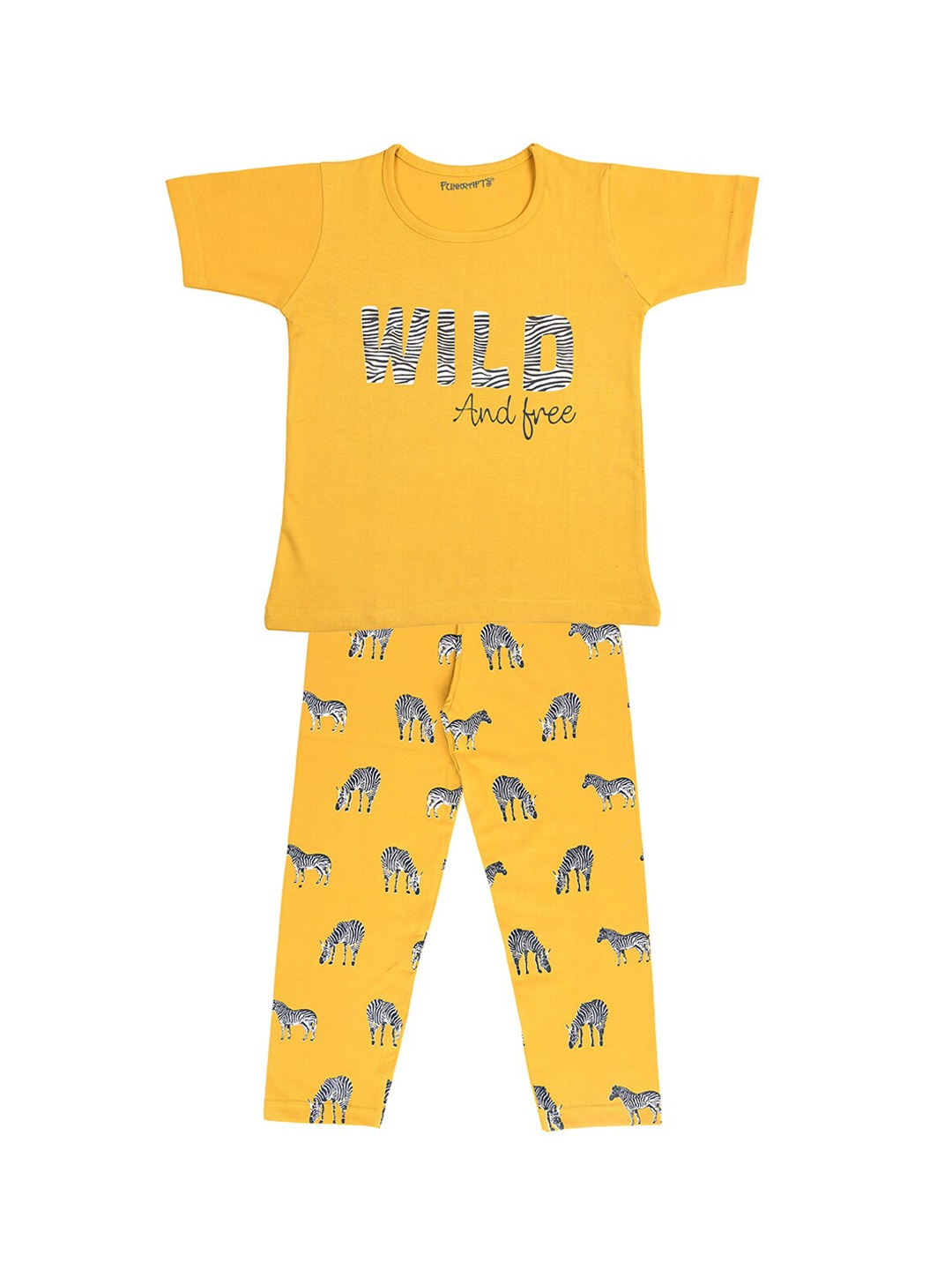 

FUNKRAFTS Girls Mustard Yellow & Black Screen Printed Night Suit