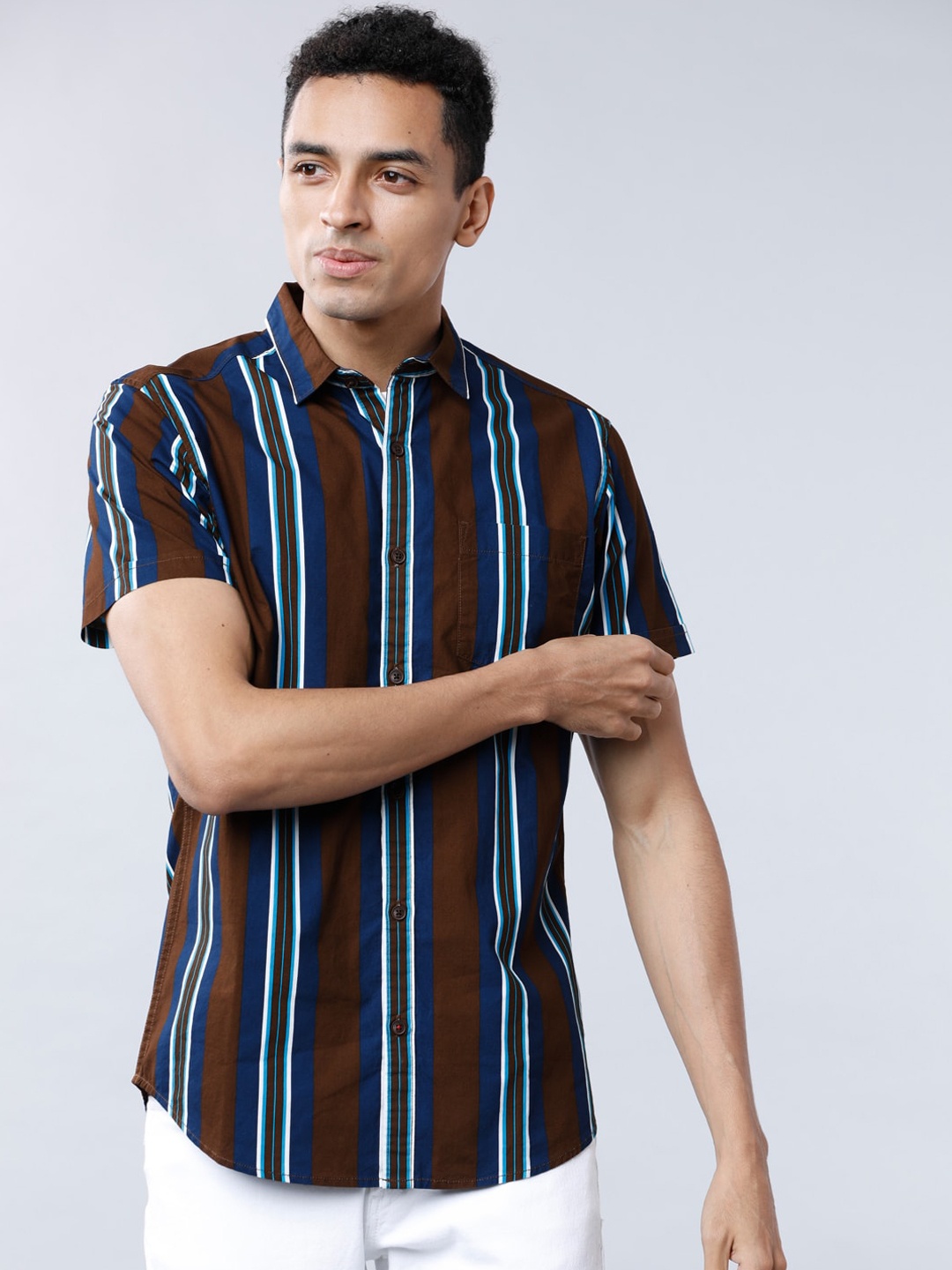 LOCOMOTIVE Men Brown & Navy Blue Slim Fit Striped Casual Shirt
