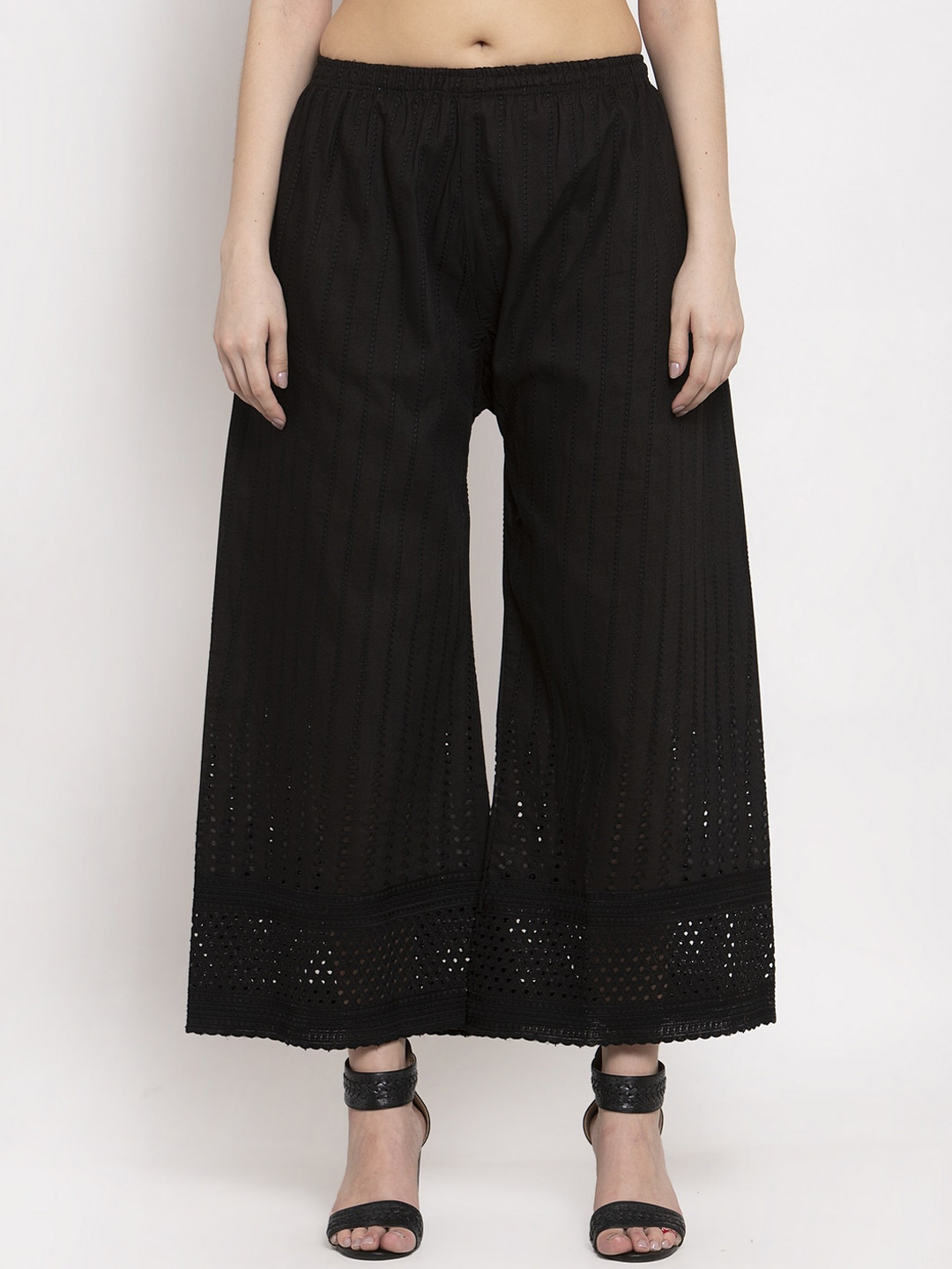 

Miaz Lifestyle Women Black Self-Design Wide Leg Palazzos