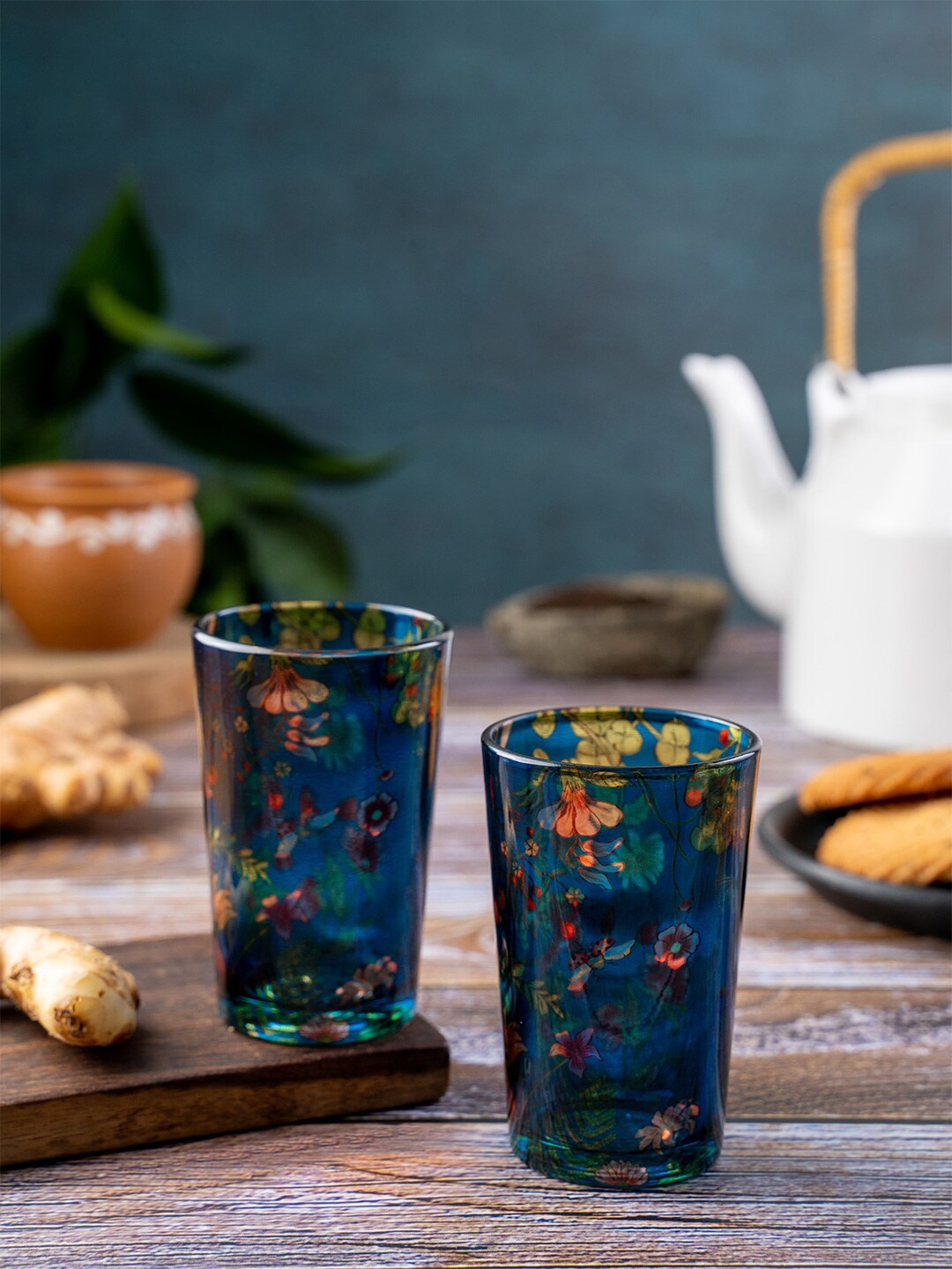 

KOLOROBIA Blue Set of 2 Printed Glass Cups Set