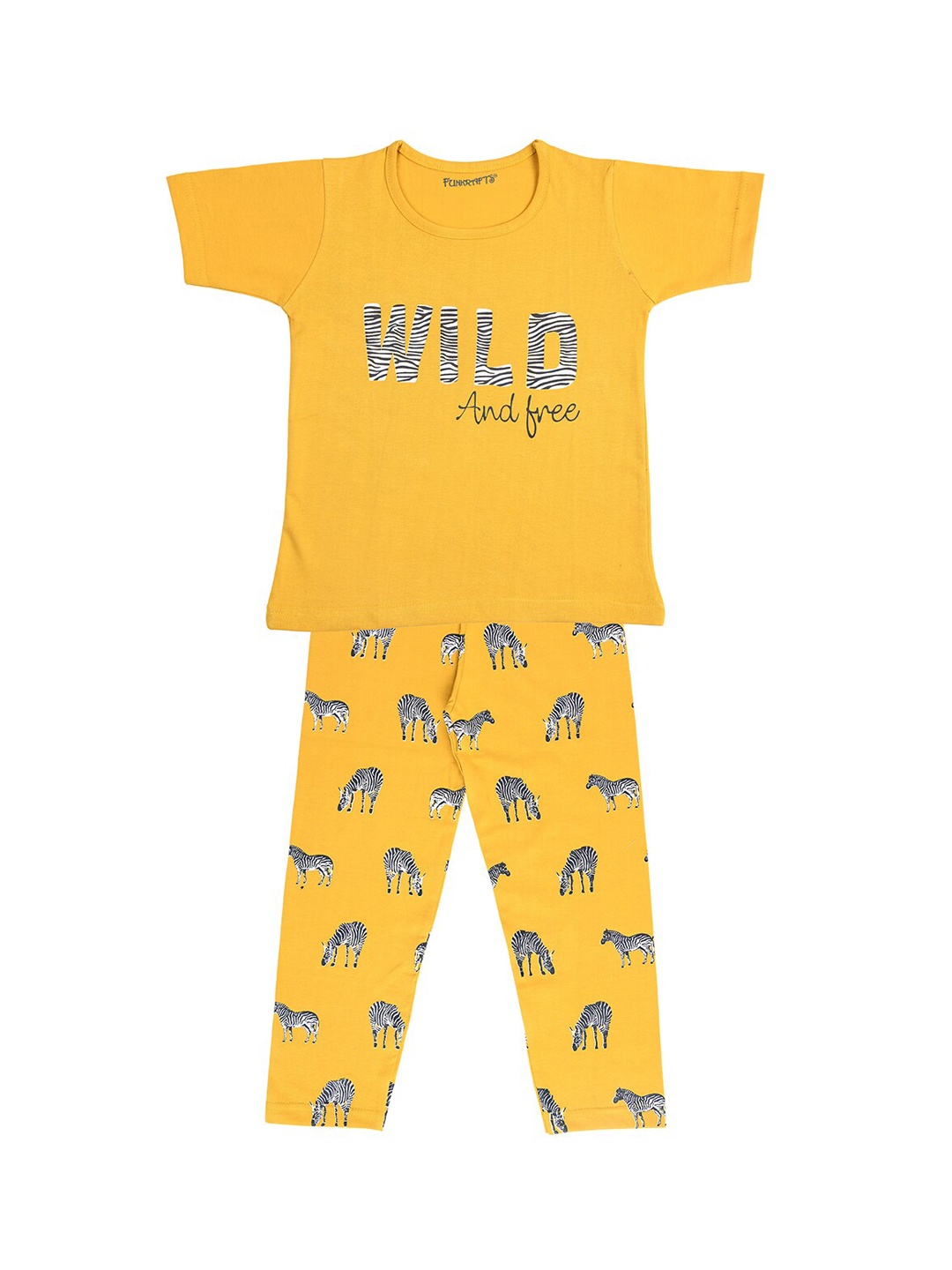 

FUNKRAFTS Girls Mustard Yellow & Black Screen Printed Night Suit
