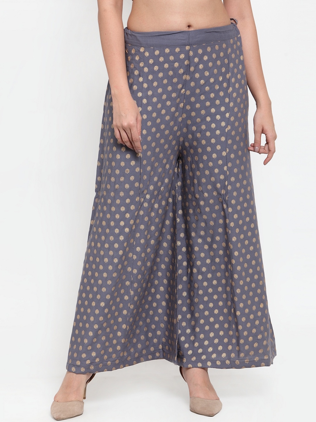 Miaz Lifestyle Women Grey & Gold Printed Flared-Fit Palazzos
