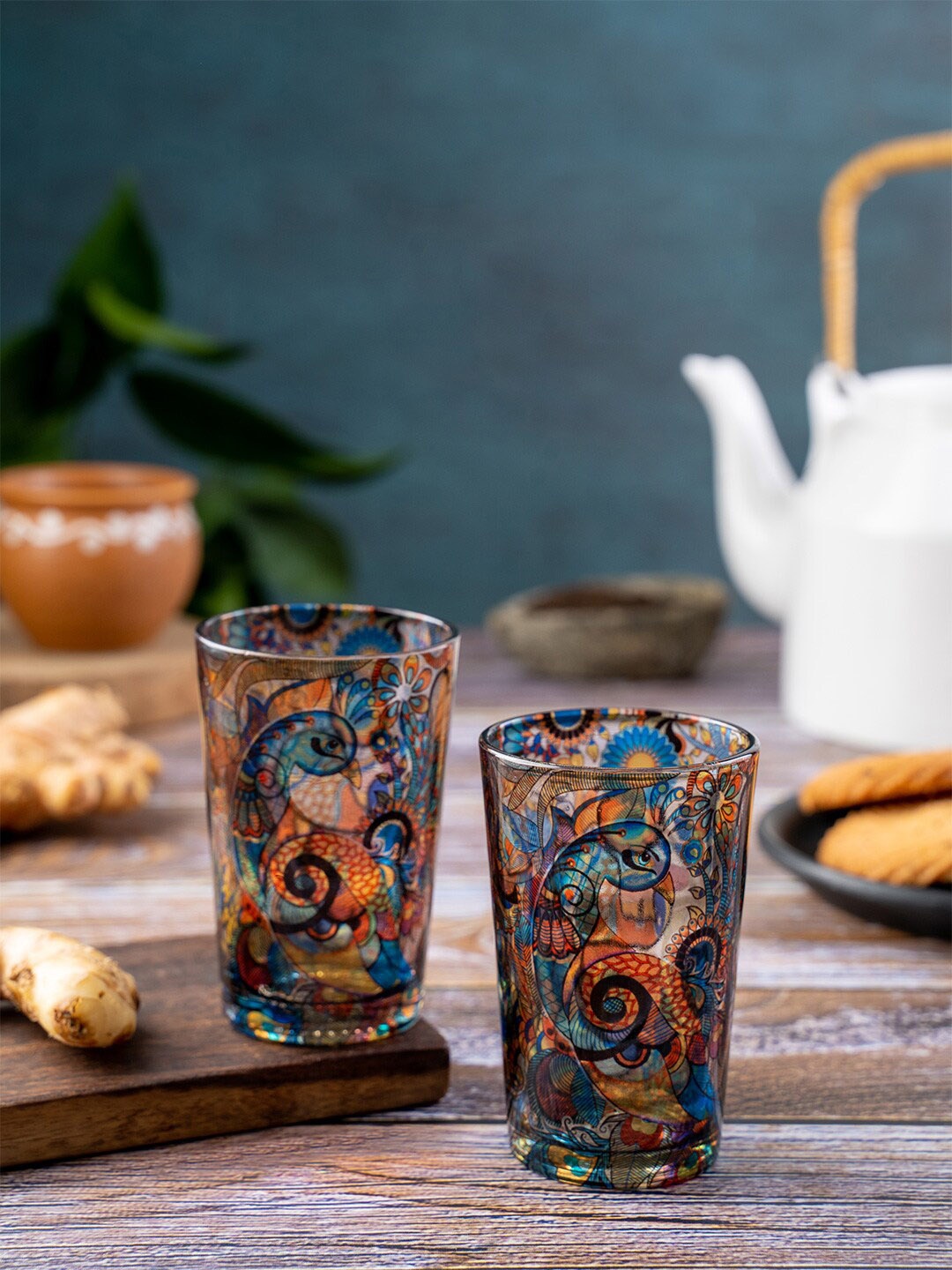 

KOLOROBIA Set Of 2 Printed Glass Cup Set-200ML, Mustard