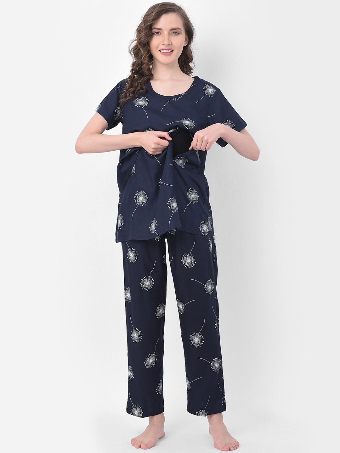 

Clovia Women Navy Blue & White Floral Printed Maternity Night Suit