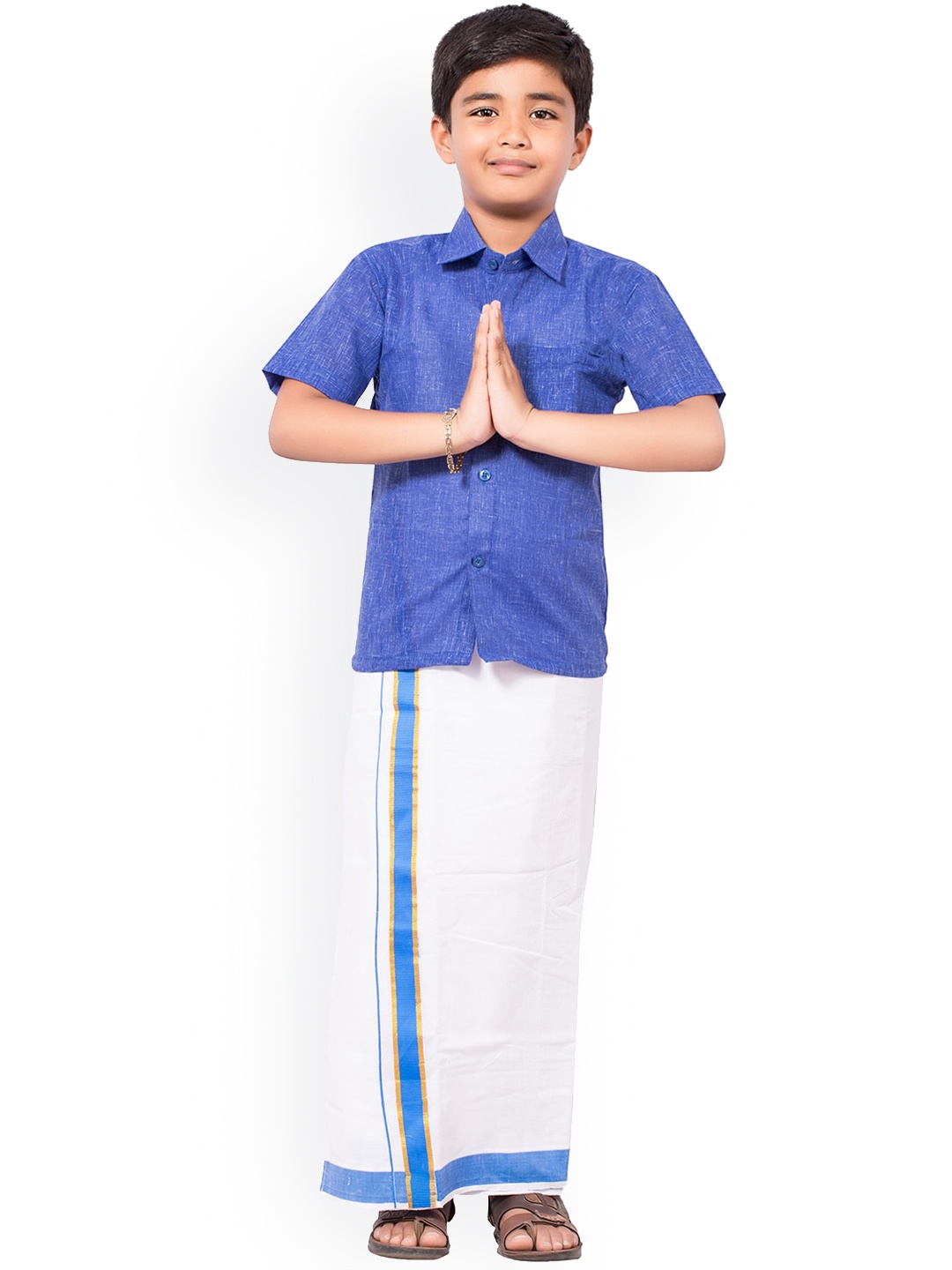 

Thangamagan Boys Blue & White Solid Shirt and Veshti
