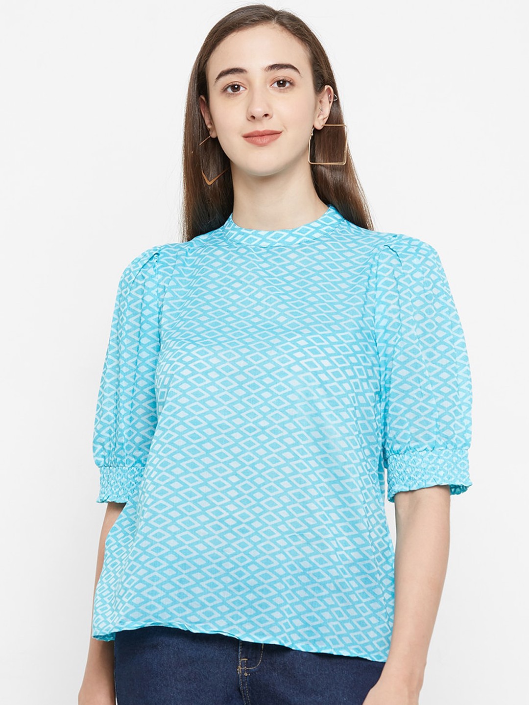 

109F Women Blue Printed Top