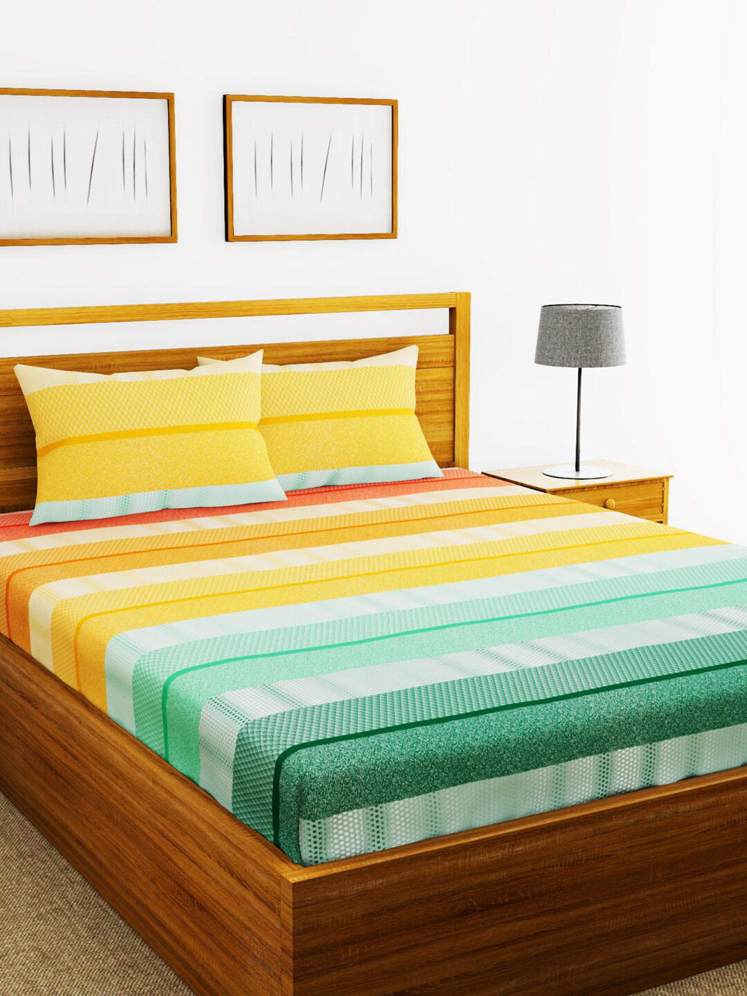 

BIANCA Yellow & Green Striped 180 TC Cotton 1 King Bedsheet with 2 Pillow Covers