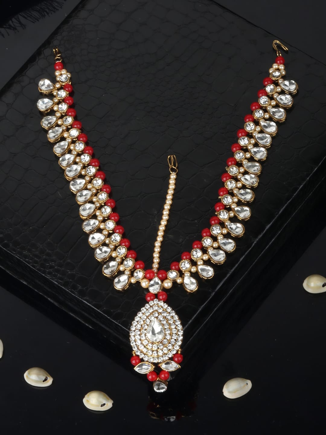 

ANIKAS CREATION Gold-Plated White & Red Stone Studded Beaded Handcrafted Matha Patti