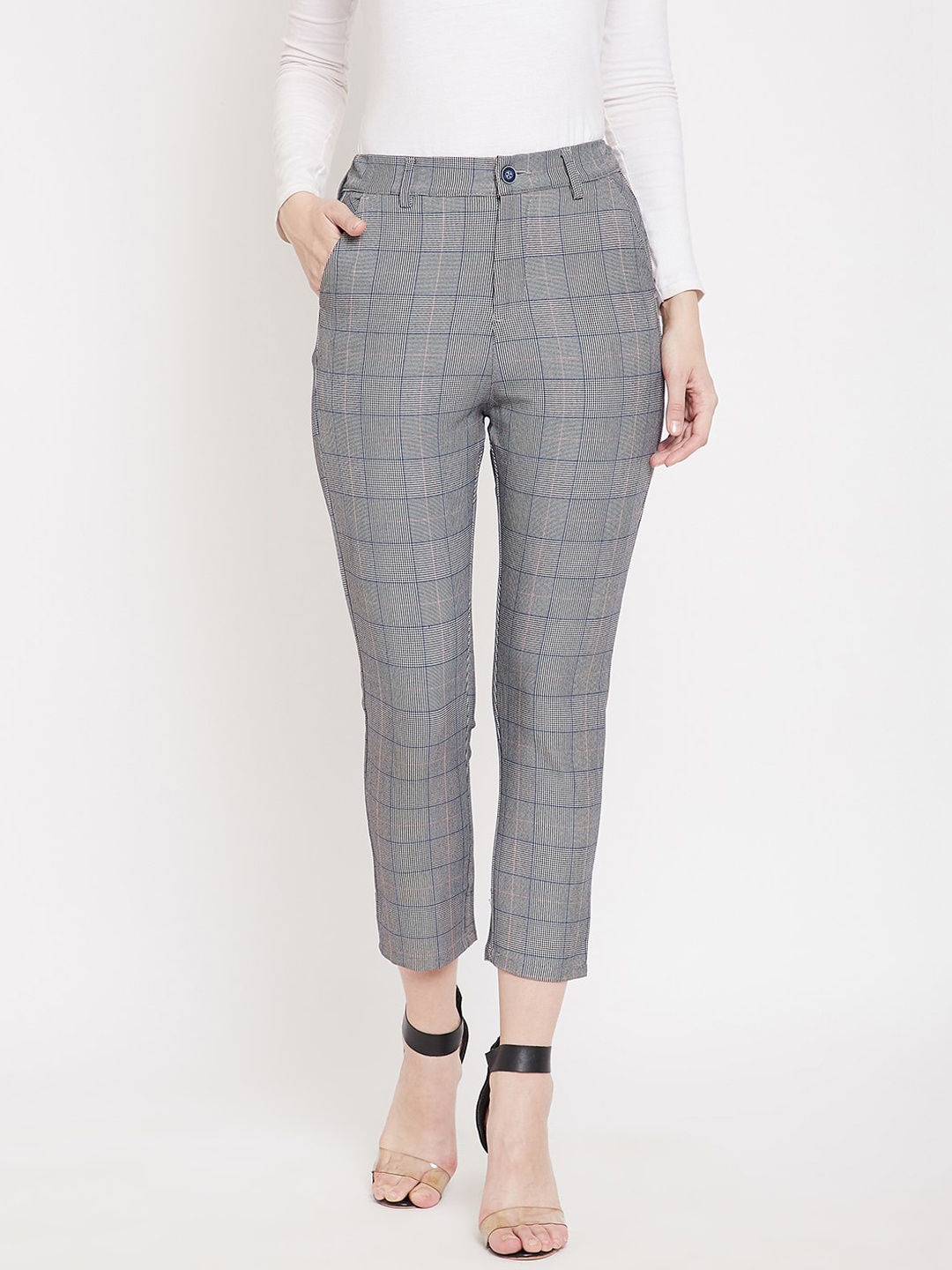 

Crimsoune Club Women Grey Slim Fit Checked Formal Trousers