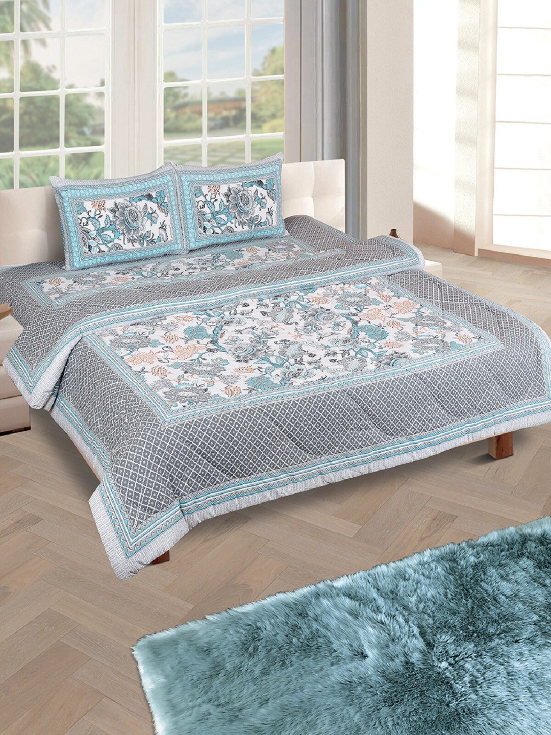 

ROMEE Grey Floral Double King Bedding Set With Quilt