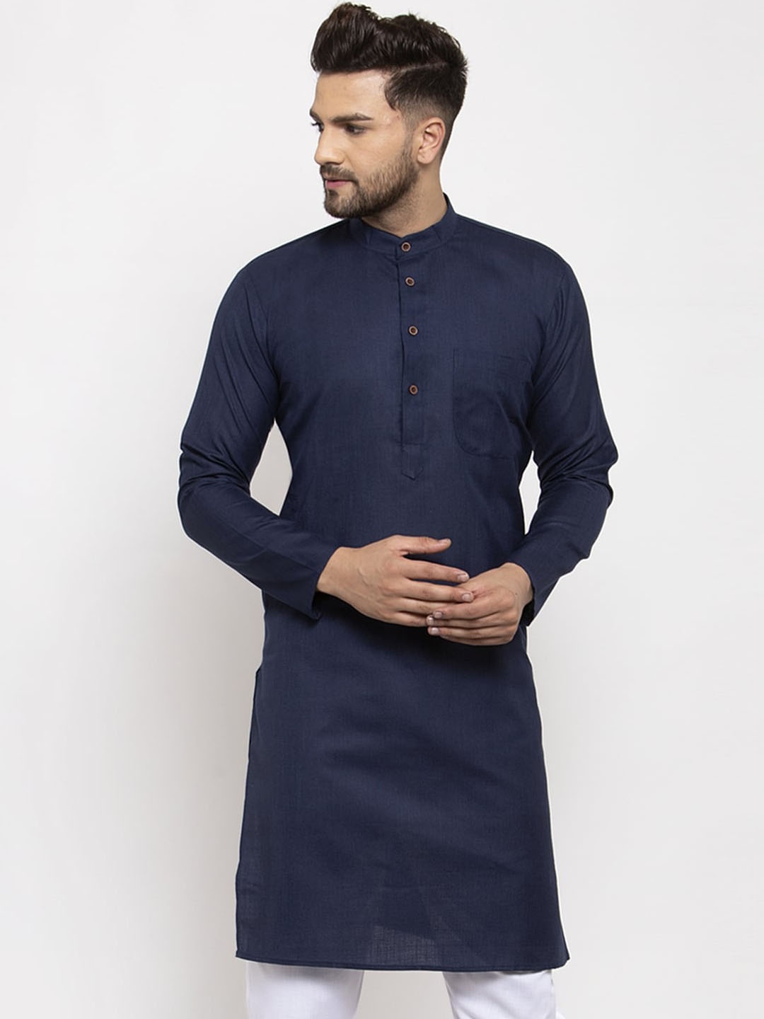 

Jompers Men Navy Blue Solid Straight Kurta