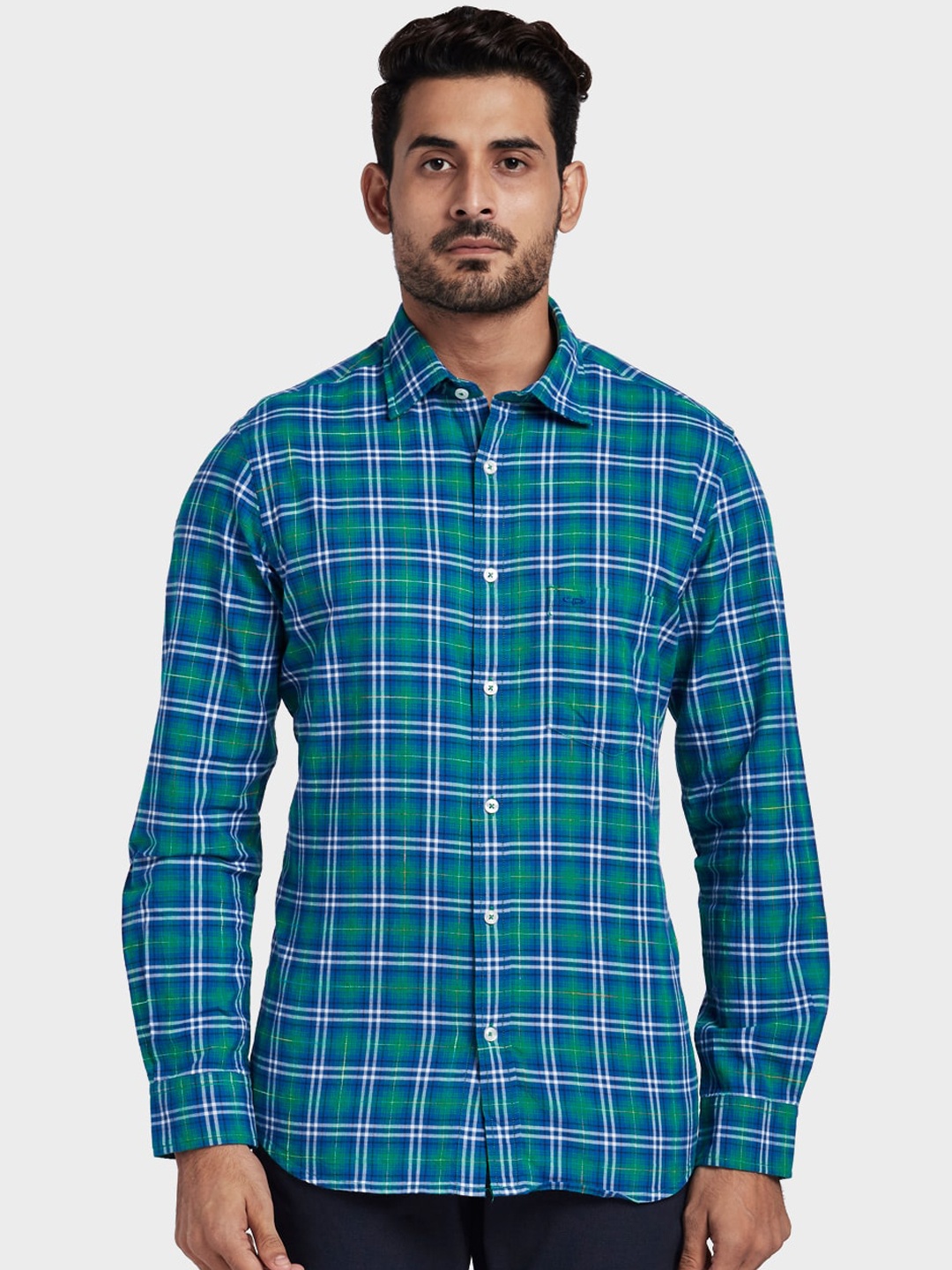 

ColorPlus Men Green & Blue Tailored Fit Checked Casual Shirt