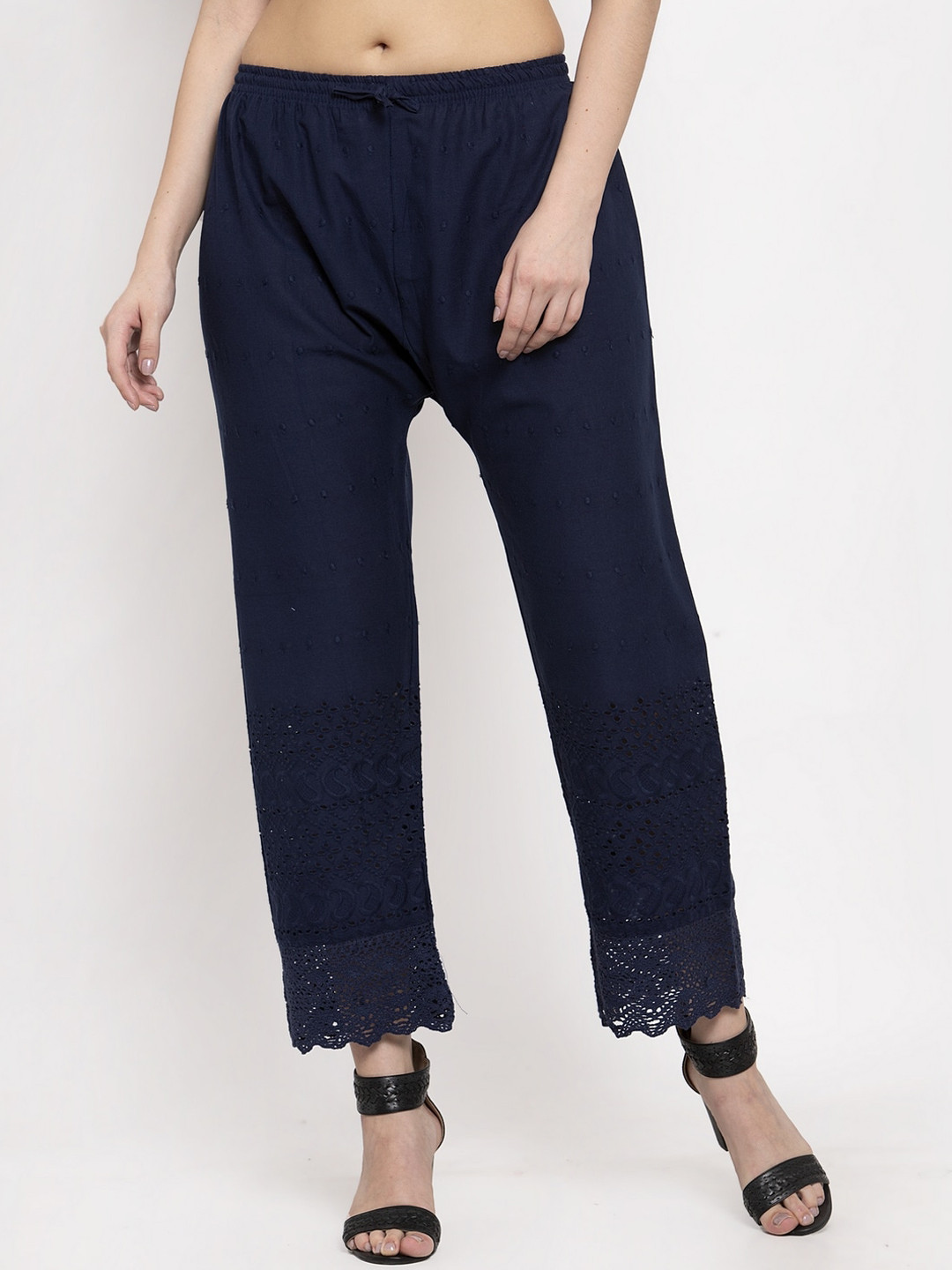 

Miaz Lifestyle Women Navy Blue Hem-Design Straight Palazzos