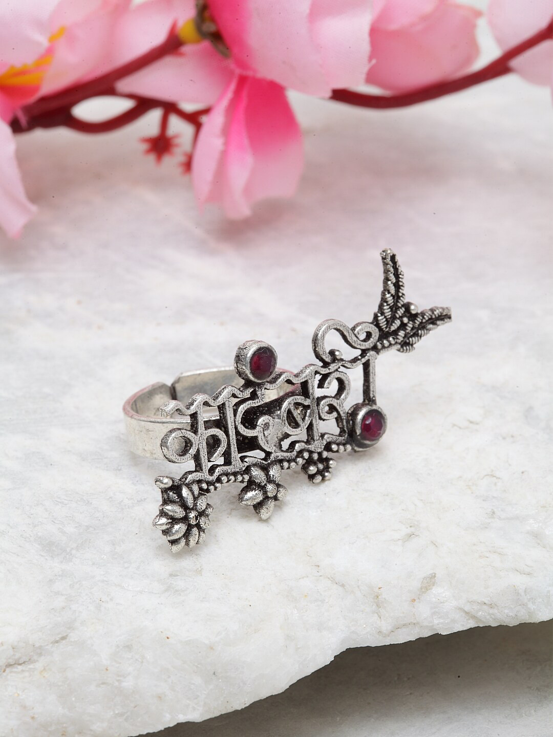 

Moedbuille Oxidised Silver-Plated Red Crystal-Studded Adjustable Finger Ring