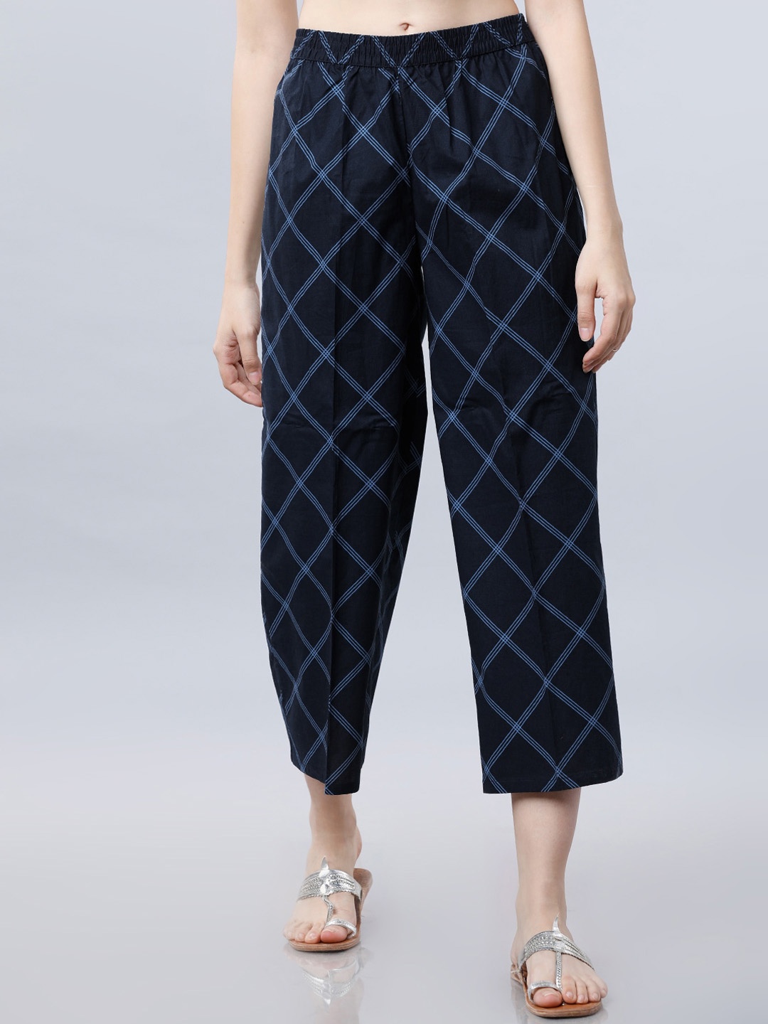 

Vishudh Women Navy Blue Checked Straight Cropped Palazzos