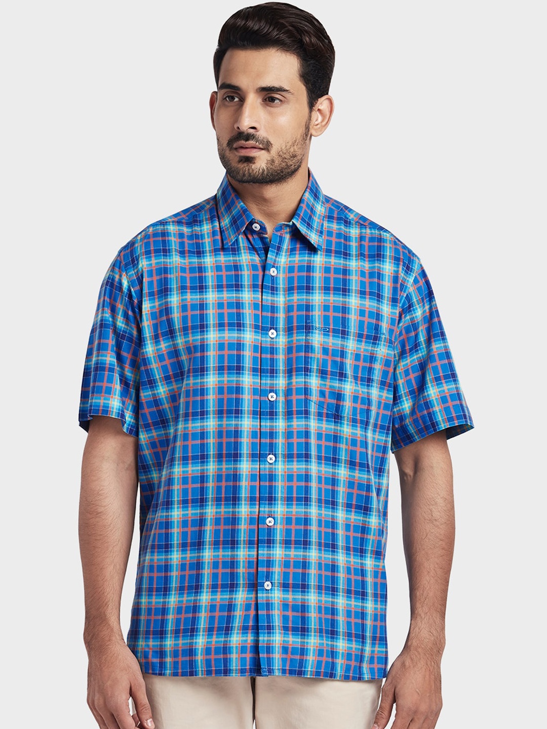 

ColorPlus Men Blue & Orange Regular Fit Checked Casual Shirt