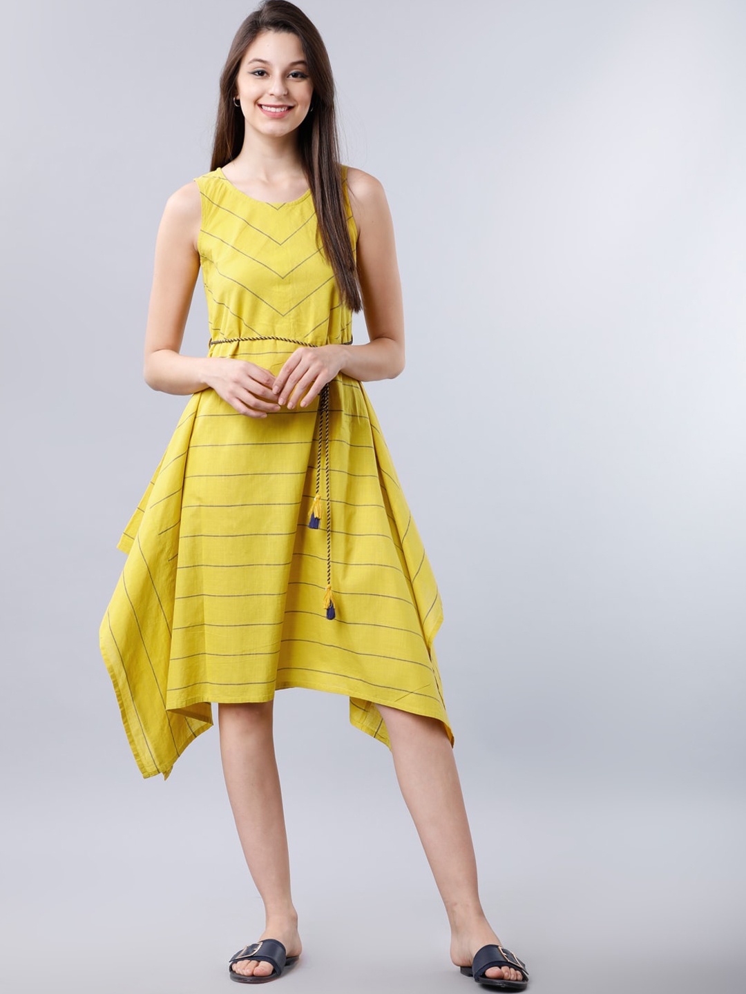 Vishudh Women Mustard Yellow & Grey Striped A-Line Dress