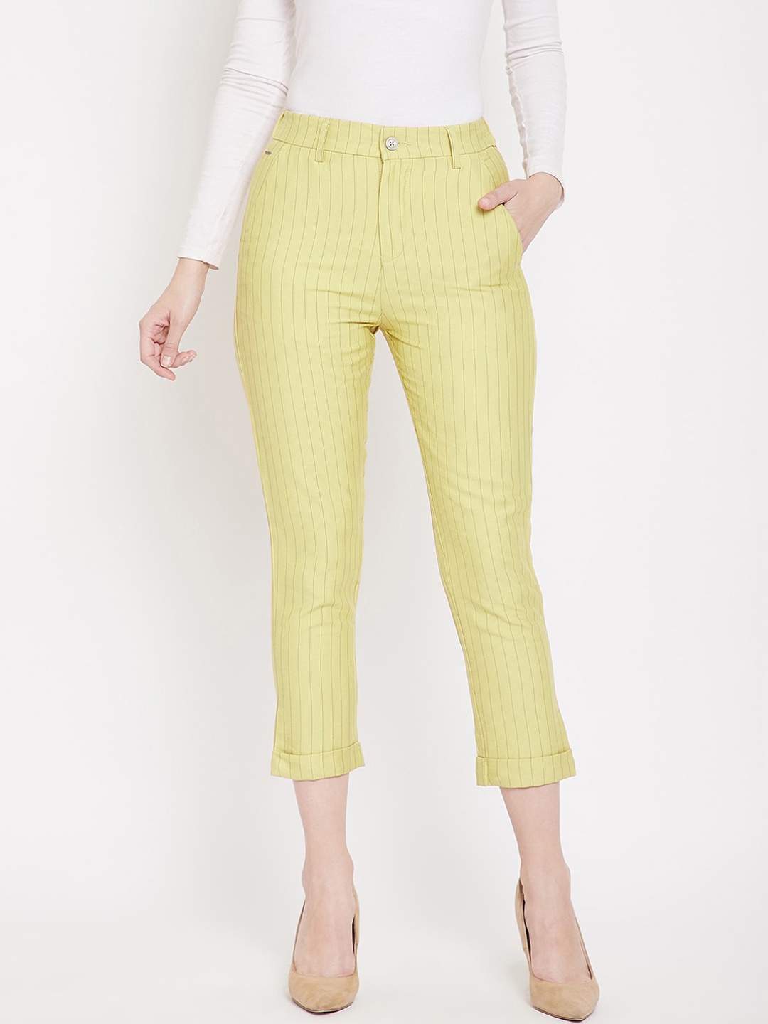 

Crimsoune Club Women Yellow Slim Fit Striped Regular Trousers