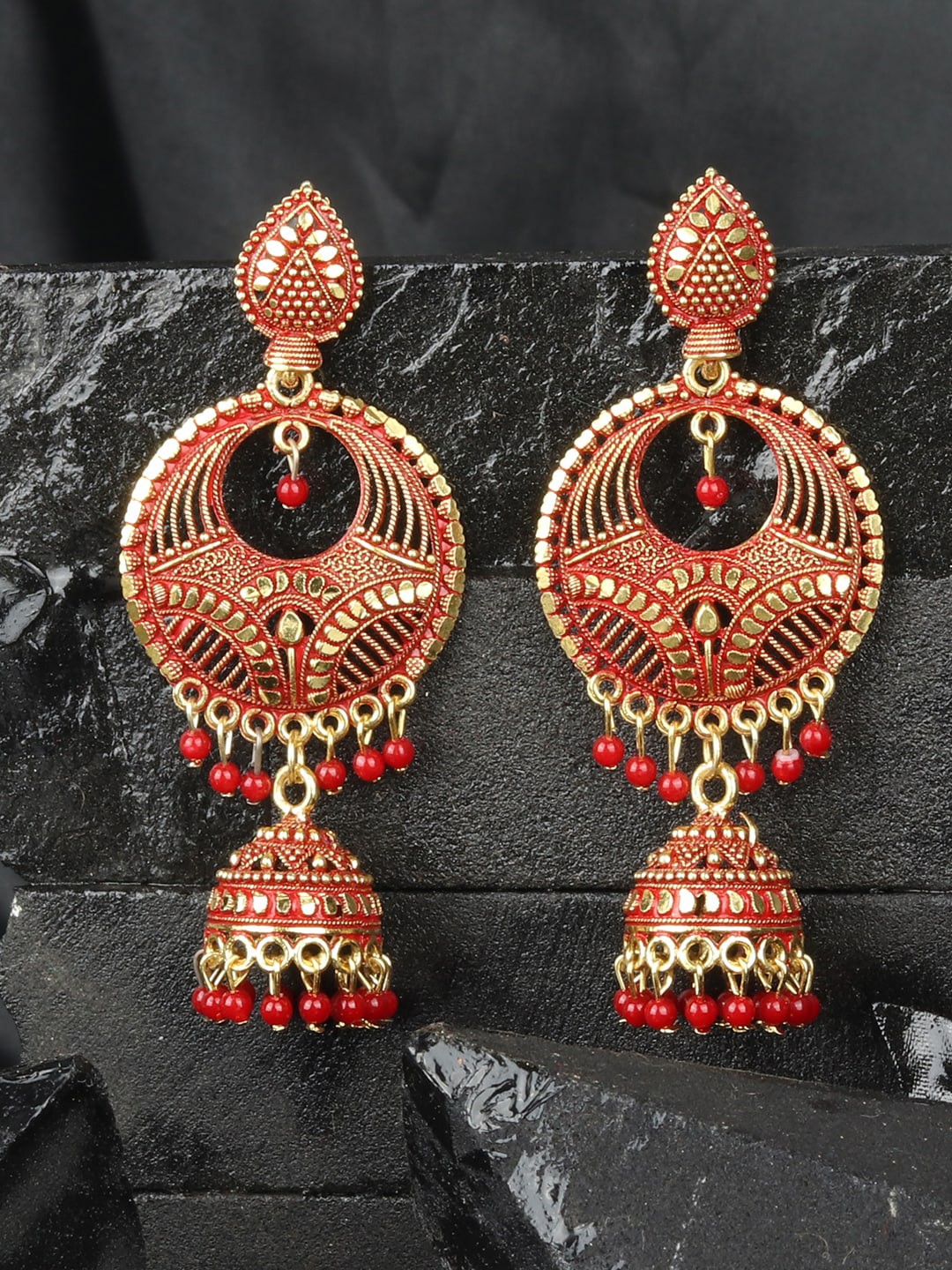 

ANIKAS CREATION Red & Gold-Toned Dome Shaped Jhumkas
