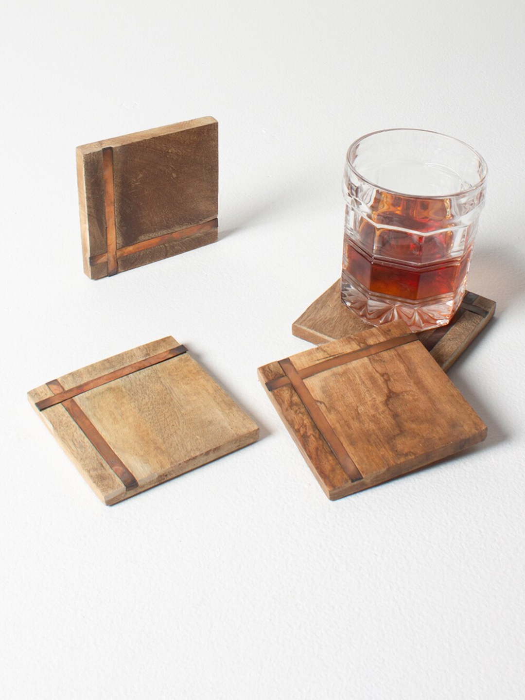 CASA DECOR Set Of 4 Textured Handmade Wooden Coasters, Brown