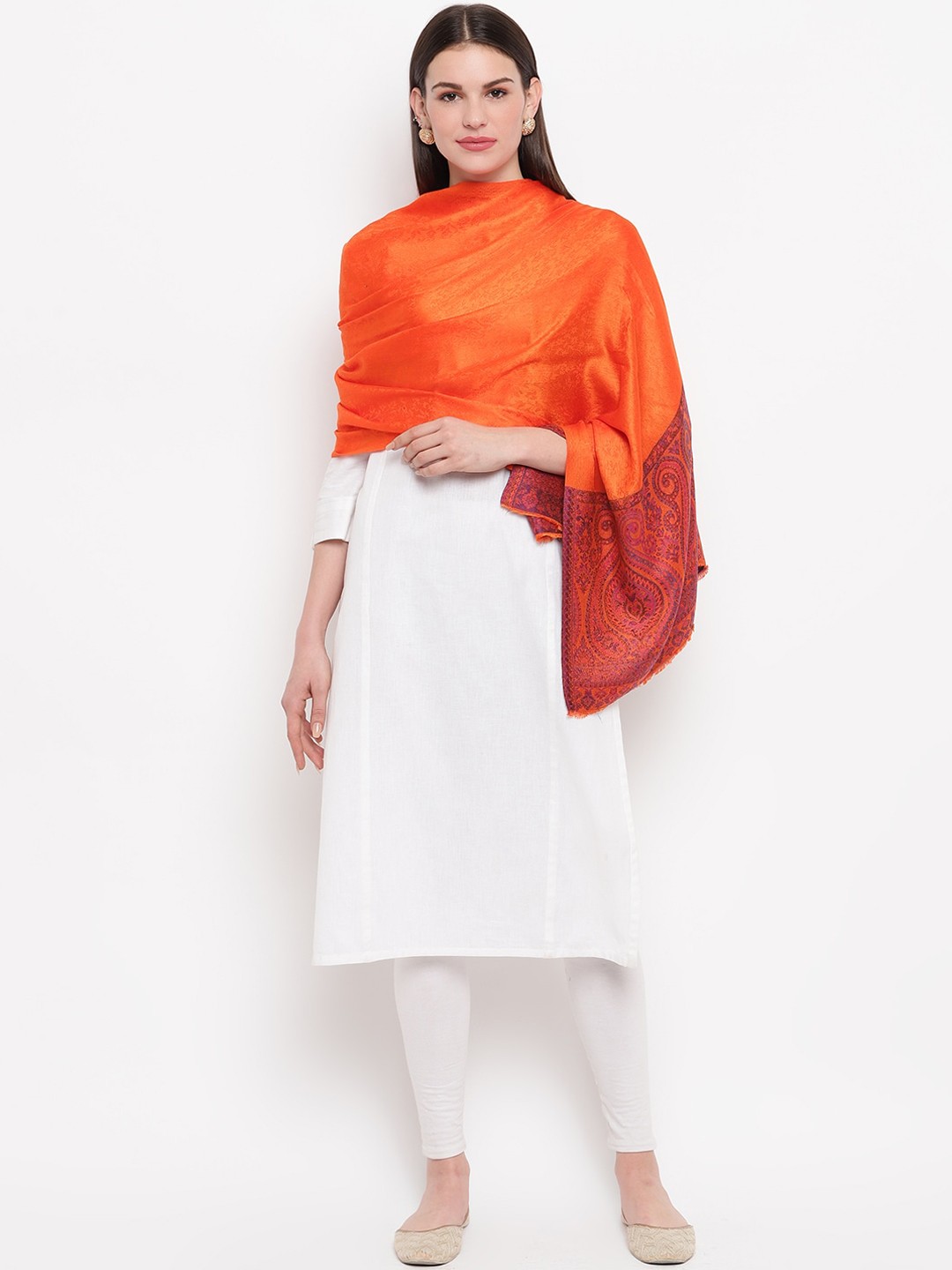 

Tossido Women Orange Floral Woven Design Kashmiri Stole