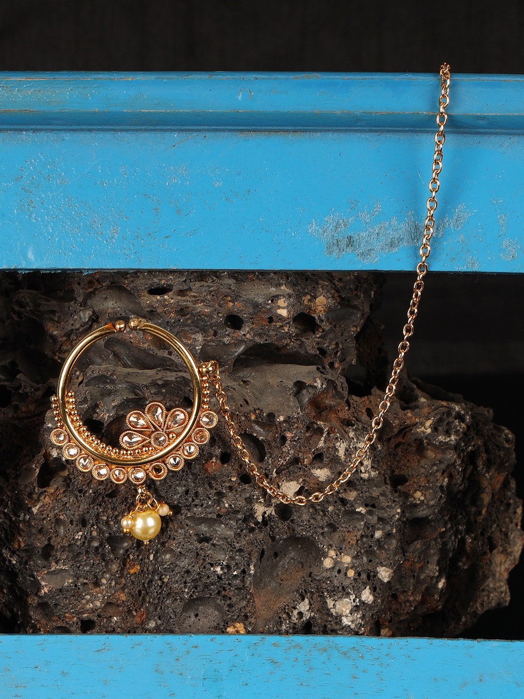 

ANIKAS CREATION Gold-Plated Zircon Stone Studded Nose Ring with Chain