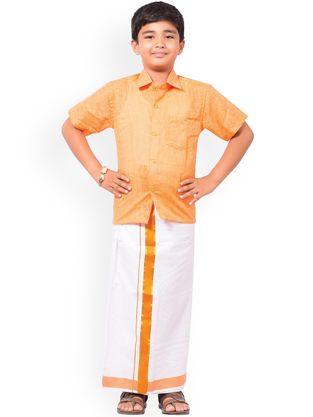 

Thangamagan Boys Orange & White Solid Shirt and Veshti