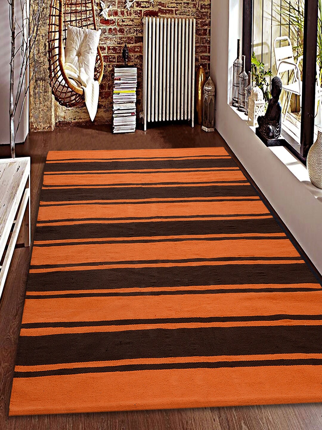 Saral Home Orange Striped Anti-Skid Dhurrie
