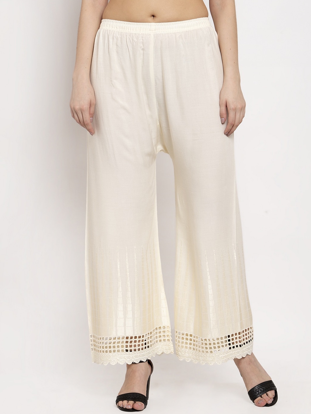 

Miaz Lifestyle Women Off-White Hem Design Straight Palazzos