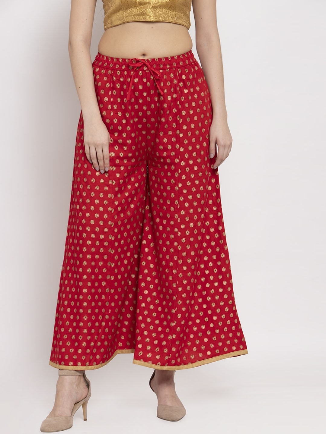 

Miaz Lifestyle Women Red & Gold Printed Flared-Fit Palazzos