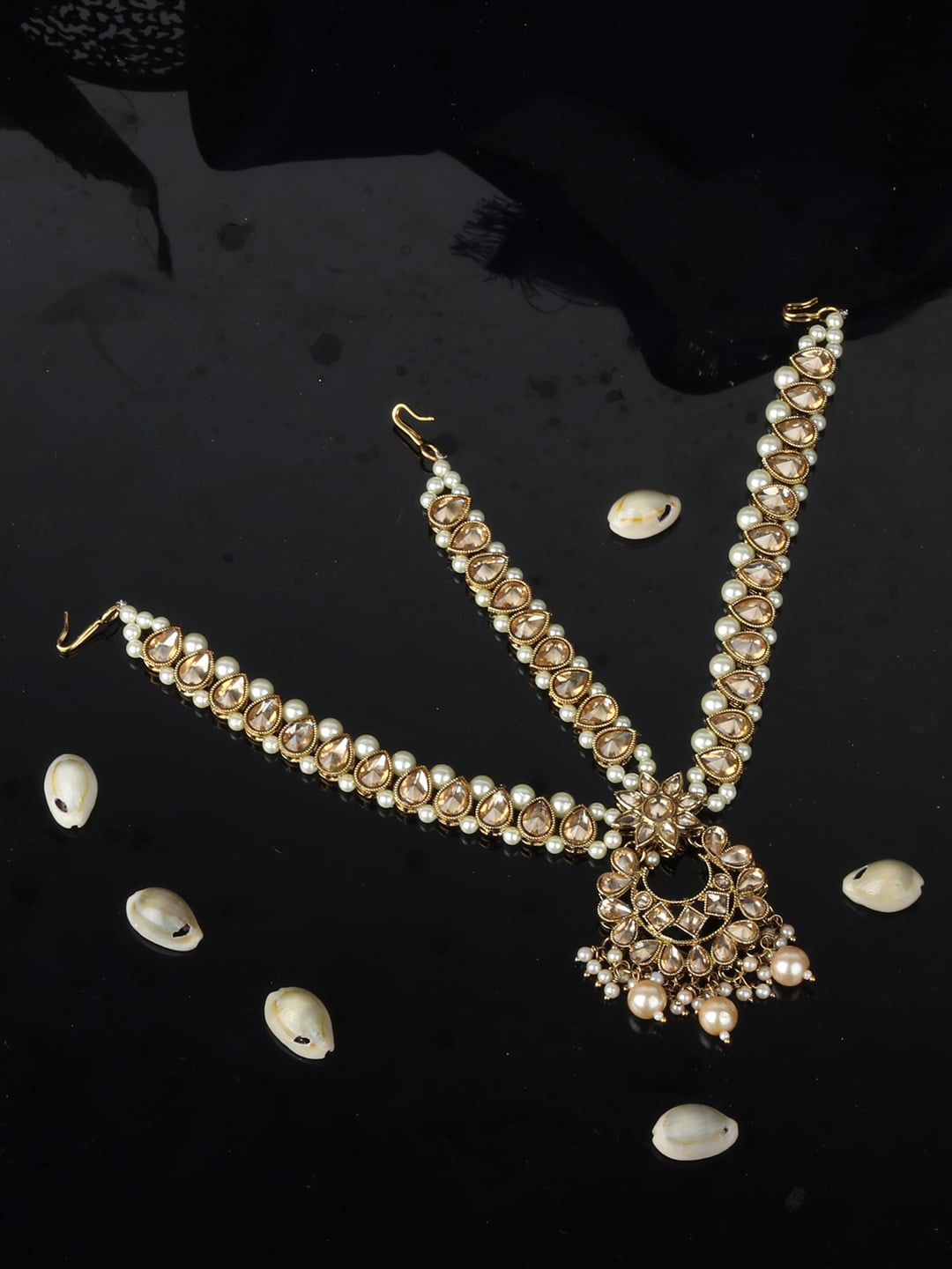 

ANIKAS CREATION Women Gold-Plated Off-White Stone-Studded Beaded Matha Patti