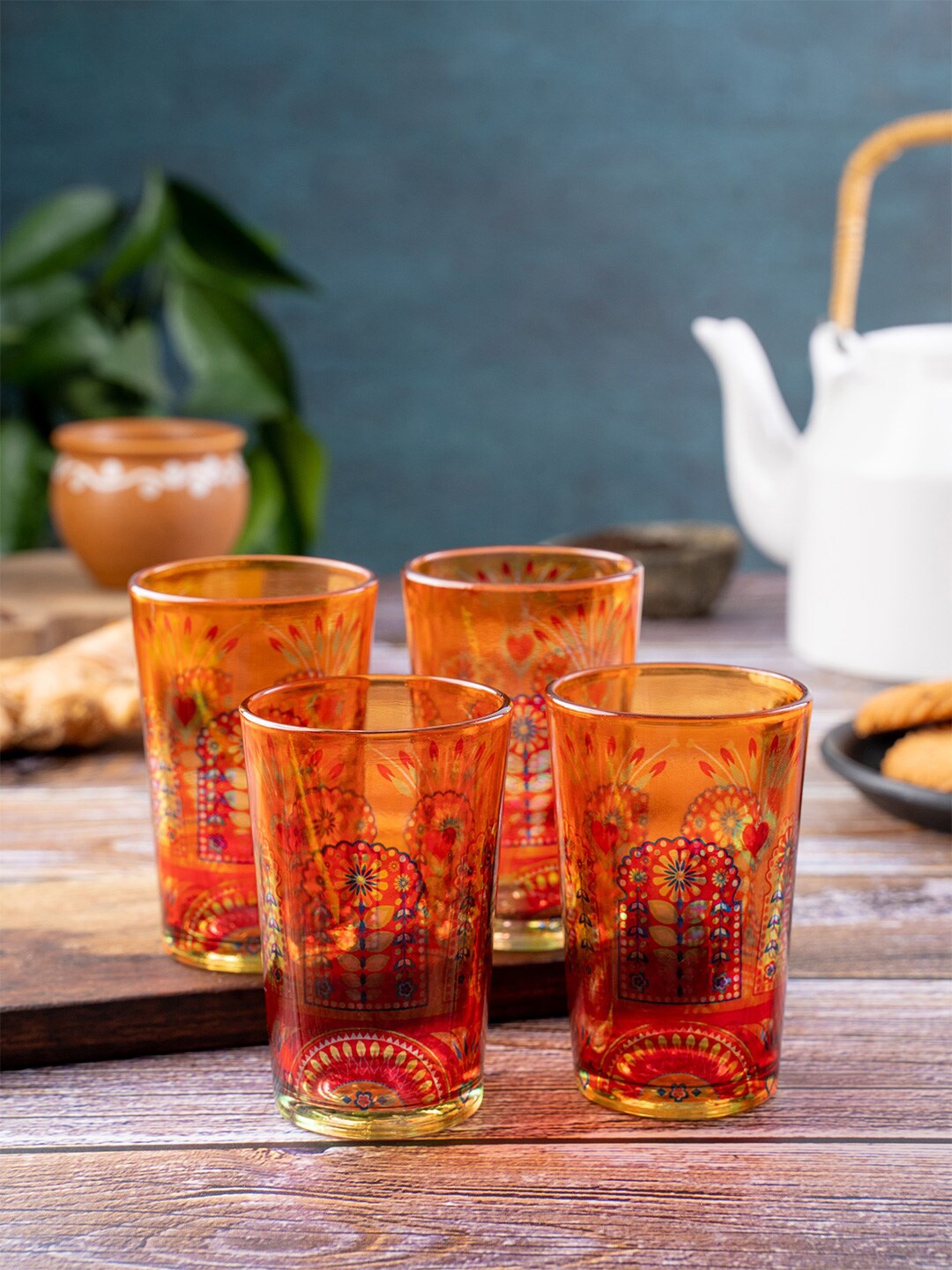 

KOLOROBIA Set Of 4 Orange Printed Truck Art Chai Glasses