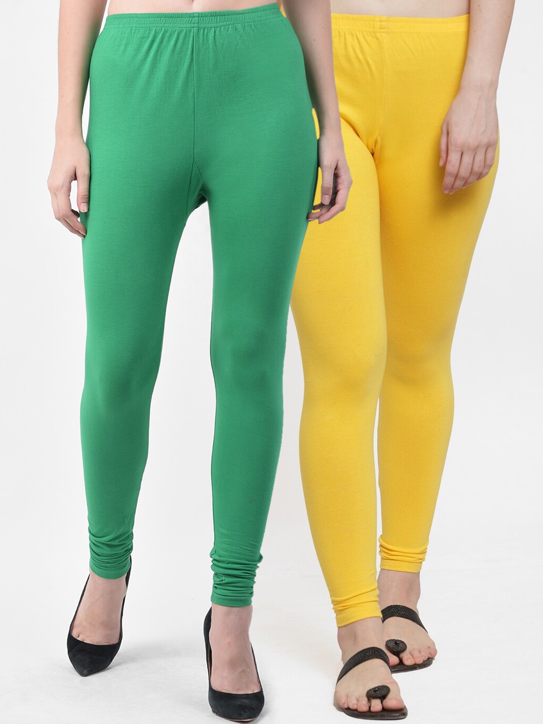 

GRACIT Women Pack of 2 Solid Churidar-Length Leggings, Yellow